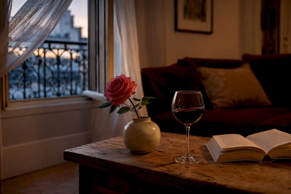Coin chambre romantique avec bougie et verre de vin